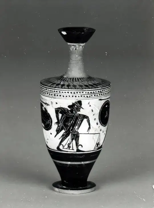 Pottery: black-figured lekythos: the Weighing of Souls.