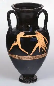 Pottery: red-figured neck-amphora: Herakles and Geras. Reverse: youth. 1772,0320.423, AN283151001