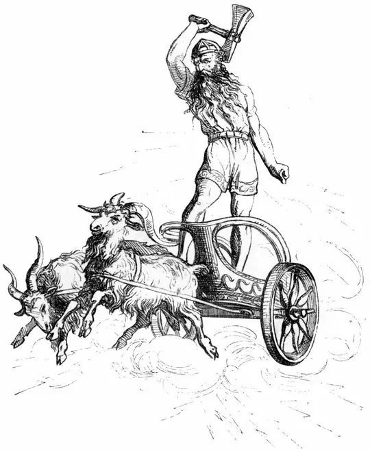 illustration of Donar/Thor riding his chariot through the sky, pulled by his two goats