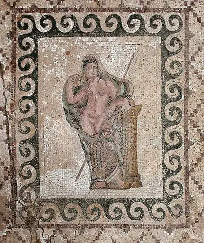 Aphrodite in warrior garb. Mosaic, found in Paphos, Cyprus