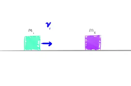 A turqoise block with a velocity approaches a purple block on a grey plane