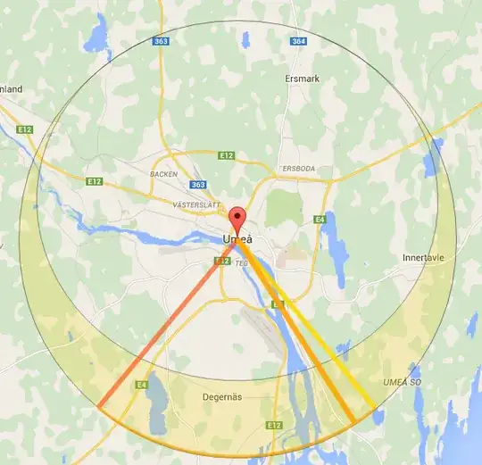 Map, centered on Umeå, Sweden, showing sunrise/sunset directions