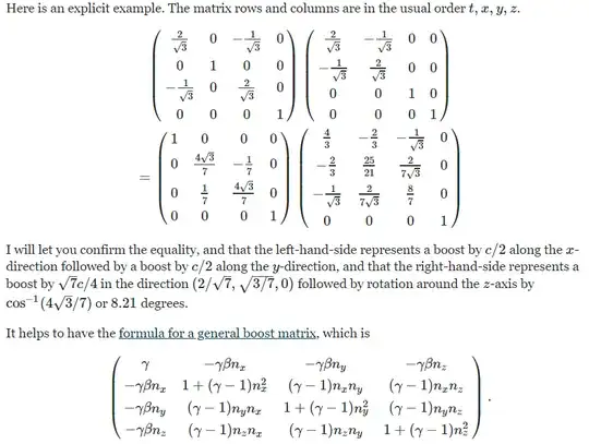 Perpendicular Boost Matrix Example provided by G. Smith here: https://physics.stackexchange.com/questions/515663/special-relativity-perpendicular-boosts-equaling-to-a-rotation-after-a-boost?noredirect=1