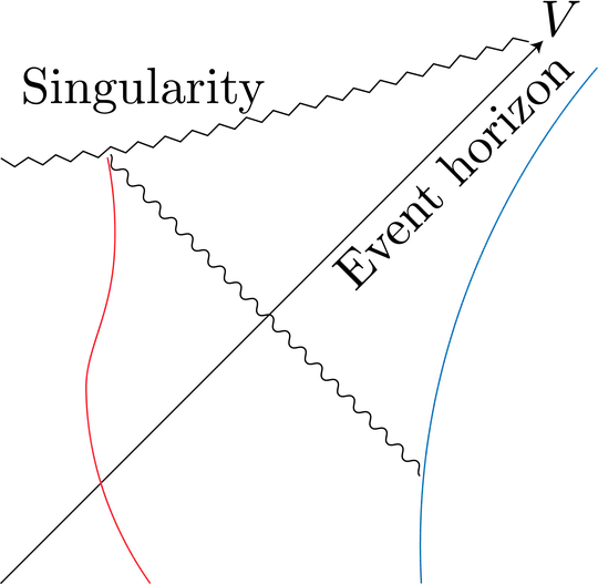Blue: Stationary observer outside the horizon. Red: observer that falls through the horizon.