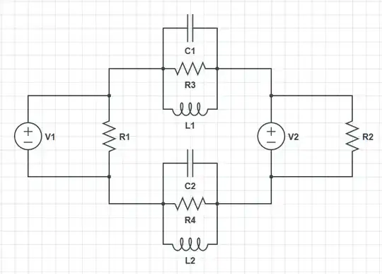 Schematic showing the same circuits as before connected by parallel R L C elements