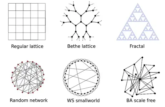 Type of networks: Regular lattice, Bethe lattice (Cayley tree), Fractal, Random Erdős–Rényi (ER) graph, Watts and Strogatz (WS) small world network, Barabási–Albert (BA) scale free network