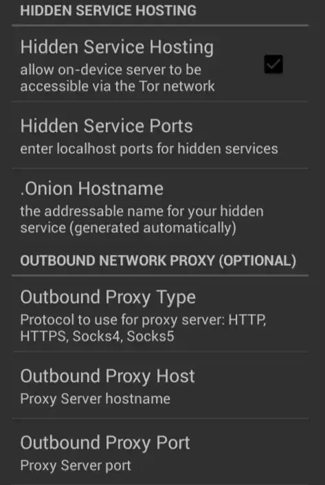Orbot settings for hidden services