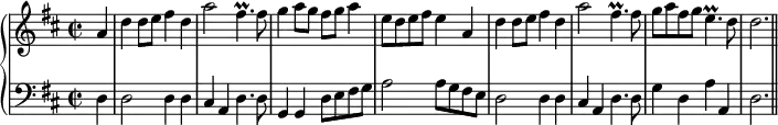 \header {
  tagline = ##f
}
upper = \relative c'' {
  \set Staff.midiInstrument = "trumpet"
  \clef treble
  \key d \major
  \time 2/2
  \tempo 2 = 65
\partial 4 a4 d d8 e fis4 d a'2 fis4.\prall fis8 g4 a8 g fis g a4 e8 d e fis e4
a, d d8 e fis4 d a'2 fis4.\prall fis8 g a fis g e4.\prall d8 d2. \bar "||"
}
lower = \relative c {
  \set Staff.midiInstrument = "church organ"
  \clef bass
  \key d \major
\partial 4 d4 d2 d4 d cis a d4. d8 g,4 g d'8 e fis g a2 a8 g fis e
d2 d4 d cis a d4. d8 g4 d a' a, d2.
}
\score {
  \new PianoStaff <<
    \new Staff = "upper" \upper
    \new Staff = "lower" \lower
  >>
  \layout {
    \context {
      \Score
      \remove "Metronome_mark_engraver"
    }
  }
}