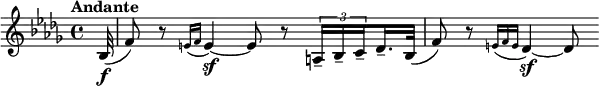 \relative c' {
  \tempo "Andante"
  \set Score.tempoHideNote = ##t \tempo 4 = 56
  \key bes \minor
  \clef treble
  \bar ""
  \time 4/4
  \partial32 bes32\f( f'8) r \grace {e16() f} e4~\sf) 
  e8 r \tuplet 3/2 {a,16-- bes-- \set stemRightBeamCount = 1 c--} \set stemLeftBeamCount = 1  des16.-- bes32(
  f'8) r \grace {e16( f e} des4~\sf)
  des8
}