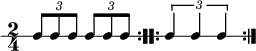\new RhythmicStaff {
   \clef percussion
   \time 2/4
   \repeat volta 2 { \tuplet 3/2 { c8 c c } \tuplet 3/2 { c8 c c } }
   \repeat volta 2 { \tuplet 3/2 { c4 c c } }
}
