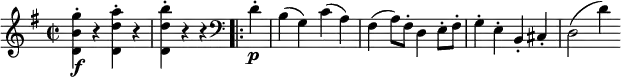 \relative g'' {
  \key g \major \time 2/2
  <g b, d,>4-. \f r <a d,d,>-. r
  <b d, d,>4-. r r \bar ".|:" \clef "bass" d,,-. \p
  b4( g) c( a)
  fis4( a8) fis-. d4 e8-. fis-.
  g4-. e-. b-. cis-.
  d2( d'4)
}