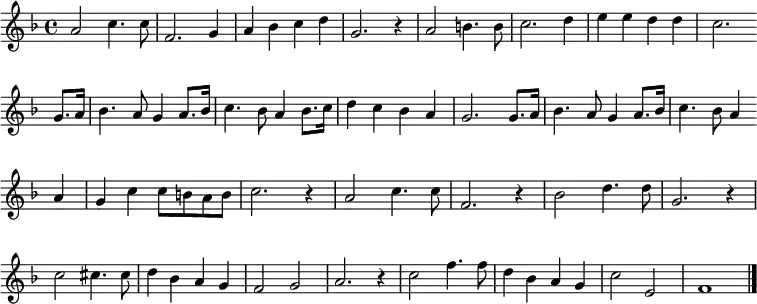 {
\clef treble \key f \major \tempo 4=100 \set Staff.midiInstrument = "clarinet" {
      \set Score.tempoHideNote = ##t
      \override Score.BarNumber #'transparent = ##t
      \time 4/4
      \transpose c c'
      \relative
      { a2 c4. c8 | f,2. g4 | a bes c d | g,2. r4 | a2 b4. b8 | c2. d4 | e e d d | c2. \bar"" \break
      g8. a16 | bes4. a8 g4 a8. bes16 | c4. bes8 a4 bes8. c16 | d4 c bes a | g2. g8. a16 | bes4. a8 g4 a8. bes16 | c4. bes8 a4 \bar"" \break
      a | g c c8 b a b | c2. r4 | a2 c4. c8 | f,2. r4 | bes2 d4. d8 | g,2. r4 | \break
      c2 cis4. cis8 | d4 bes a g | f2 g | a2. r4 | c2 f4. f8 | d4 bes a g | c2 e, | f1 \bar "|."}
    }
  }