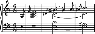 {
      \new PianoStaff <<
        \new Staff <<
            \new Voice \relative c {
                \clef treble \key a \minor \time 6/8
                \partial8 s8 s2. \stemUp \slashedGrace { dis'8 } gis4.^~ gis4 \parenthesize a8 \slashedGrace { ais8 } \stemUp b2.
                }
            \new Voice \relative c' {
                \partial8 a8 \slashedGrace { f'8 } \parenthesize <a, c e>2. \stemDown dis2._( d)
                }
            >>
        \new Staff <<
            \relative c {
                \clef bass \key a \minor \time 6/8
                \partial8 r8 R2. <e~ b'>2. <e gis>2.
                }
            >>
    >> }