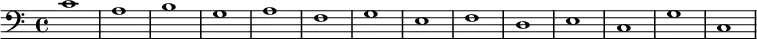 {
        \new Staff <<
            \new Voice \relative c' {
                \stemDown \clef bass \key c \major \time 4/4 \tempo 1 = 60 \set Score.tempoHideNote = ##t
                c1 a b g a f g e f d e c g' c,
                }
            >>
     }