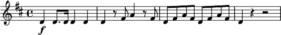 \relative c' { \set Staff.midiInstrument = #"oboe" \set Score.tempoHideNote = ##t \tempo 4 = 144
  \key d \major
  \tempo "Allegro"
  d4\f d8. d16 d4 d | d r8 fis a4 r8 fis | d fis a fis d fis a fis | d4 r r2
}