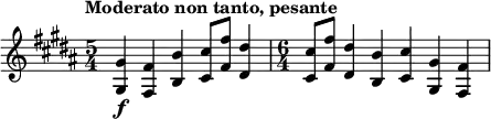 \relative c' {
  \tempo "Moderato non tanto, pesante"
  \set Score.tempoHideNote = ##t \tempo 4 = 96
  \key b \major
  \clef treble
  \bar ""
  \time 5/4 <gis gis'>\f <fis fis'> <b b'> <cis cis'>8 <fis fis'> <dis dis'>4
  \time 6/4 <cis cis'>8 <fis fis'> <dis dis'>4 <b b'> <cis cis'> <gis gis'> <fis fis'>)
}