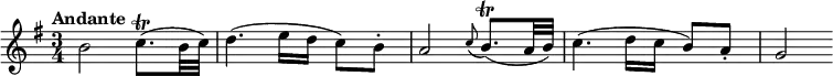 \relative c'' { \set Score.tempoHideNote = ##t \tempo "Andante" 4=70 \key g \major \time 3/4
  b2 c8.\trill ( b32 c) d4.( e16 d c8) b-. a2
  \appoggiatura c8 b8.\trill ( a32 b) c4.( d16 c b8) a-. g2
}