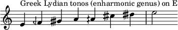 {
\override Score.TimeSignature #'stencil = ##f
\relative c' { 
  \clef treble \time 7/4
  e4^\markup { Greek Lydian tonos (enharmonic genus) on E } feh gisih a aih cisih disih e2
} }