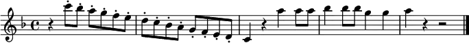 \relative c''' {
  \key f \major
  r4 c8-. bes-. a-. g-. f-. e-. |
  d8-. c-. bes-. a-. g-. f-. e-. d-. |
  c4 r a'' a8 a |
  bes4 bes8 bes g4 g |
  a4 r r2 | \bar "|."
}