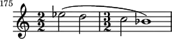\relative c'' {
    \set Score.tempoHideNote = ##t
    \tempo 2 = 44
    \set Score.currentBarNumber = #175
    \bar ""
    \set Staff.midiInstrument = #"flute"
    \transposition g
    \numericTimeSignature
    \time 2/2 ees2( d2
    \time 3/2 c2 bes1)
  }