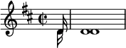 \relative c' {
\key d \major
\time 2/2 <<
\new Voice = "first"
{ \voiceOne \partial 16 d16 d1}
\new Voice= "second"
{ \voiceTwo \partial 16 d16 d1}
>>
}
