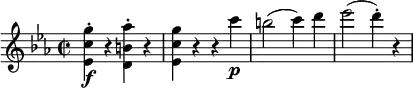 \relative g'' {
  \key c \minor \time 2/2
  <g c, es,>4-. \f r <as b, d,>-. r
  <g c, es,>4 r r c \p
  b2( c4) d
  es2( d4-.) r
}