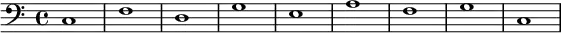 {
        \new Staff <<
            \new Voice \relative c' {
                \stemDown \clef bass \key c \major \time 4/4 \tempo 1 = 60 \set Score.tempoHideNote = ##t
                c,1 f d g e a f g c,
                }
            >>
     }