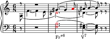 {
      \new PianoStaff <<
        \new Staff <<
            \new Voice \relative c'' {
                \clef treble \key a \minor \time 6/8
                \voiceOne \partial8 r8 R2. gis4.(~ gis4 \once \override NoteHead.color = #red a8 ais8 b4~ b8) r r
                }
            \new Voice \relative c' {
                \voiceTwo \partial8 a( f'4.~ f4 e8 \once \override NoteHead.color = #red dis2.)( d!4.)~ d8 r r
                }
            >>
        \new Staff <<
            \relative c {
                \clef bass \key a \minor \time 6/8
                \partial8 r8 R2. \once \override NoteHead.color = #red <f b>2.(_\markup { \concat { "Fr" \raise #1 \small "+6" \hspace #8 "V" \raise #1 \small "7" } } <e gis>4.)~ <e gis>8 r r
                }
            >>
    >> }