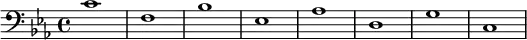 {
        \new Staff <<
            \new Voice \relative c' {
                \stemDown \clef bass \key c \minor \time 4/4 \tempo 1 = 60 \set Score.tempoHideNote = ##t
                c1 f, bes es, as d, g c,
                }
            >>
     }