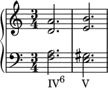 {
   \new PianoStaff <<
      \new Staff <<
         \relative c' {
             \clef treble \key c \major \time 3/4
             <d a'>2. <e b'>
             }
            >>
     \new Staff <<
         \relative c {
             \clef bass \key c \major \time 3/4
             <f a>2._\markup { \concat { "IV" \raise #1 \small "6" \hspace #3.5 "V" } } <e gis>
             }
         >>
    >>
}