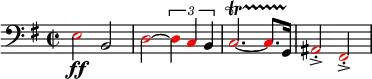 \relative c{
    \set Staff.midiInstrument = #"tuba"
    \set Score.tempoHideNote = ##t
    \tempo 4 = 130
    \clef bass
    \key g \major
    \time 2/2
      \once \override NoteHead.color = #red e2 \ff b \override NoteHead.color = #red d~ \times 2/3 { d4 c \override NoteHead.color = #black b } \override NoteHead.color = #red c2.~\startTrillSpan c8. \override NoteHead.color = #black g16\stopTrillSpan \override NoteHead.color = #red ais2\accent\staccato fis\accent\staccato
  }