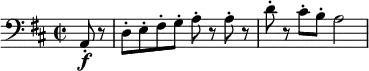 \relative c { \clef bass \key d \major \time 2/2 \partial 4*1 a8\f-. r | d-. e-. fis-. g-. a-. r a-. r | d-. r cis-. b-. a2 }