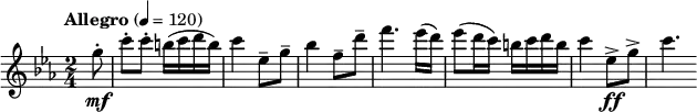 {
  \new PianoStaff <<
    \new Staff \relative c''' {
      \tempo "Allegro" 4 = 120
      \clef treble \key c \minor \time 2/4
      \partial 8 g8-. \mf
      c8-. c-. b16( c d b)
      c4 es,8-- g--
      bes4 f8-- d'-- f4. es16( d)
      es8( d16 c) b c d b
      c4 es,8-> \ff g->
      c4.
    }
  >>
}