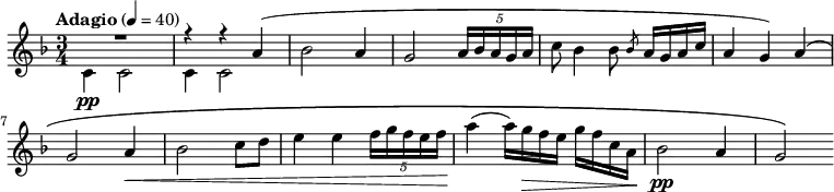 {
	\clef treble \key d \minor \time 3/4
	\tempo "Adagio" 4 = 40
	\new Voice = "melody" {
		<<
			{
				\voiceOne
			 R2. r4 r4 a'4(
			}
			\new Voice {
				\voiceTwo
				c'4 \pp c'2 c'4 c'2
			}
		>>
		\oneVoice
		bes'2 a'4
		g'2 \tuplet 5/4 { a'16 bes' a' g' a' }
		c''8 bes'4 bes'8 \slashedGrace bes' a'16 g' a' c''
		a'4 g') a'\(
		\break
		g'2 a'4\<
		bes'2 c''8 d''
		e''4 e'' \tuplet 5/4 { f''16 g'' f'' e'' f'' }
		a''4\!( a''16) g''\> f'' e'' g'' f'' c'' a'\!
		bes'2 \pp a'4 g'2\)
	}
}
