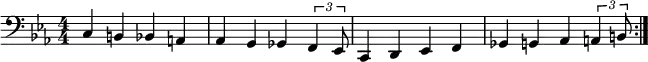 \relative c {
   \set Staff.midiInstrument = #"acoustic bass"
   \key ees \major
   \numericTimeSignature \time 4/4
   \clef bass
   \repeat volta 2 {
   c4 b bes a
   aes g ges \times 2/3 {f ees8}
   c4 d ees f
   ges g aes \times 2/3 {a b8}} 
  }