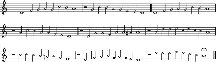 { \key c \major 
\time 72/2
\set Score.tempoHideNote = ##t
\tempo 2=100
\set Staff.midiInstrument = "english horn"
\override Score.TimeSignature #'transparent = ##t
\override Score.BarNumber  #'transparent = ##t
 \repeat unfold 2 { d'1 f'2 g' a' g' c'' b' a'1 \bar "|"  r2 g' c'' b' a' g' f' e' d'1 \bar "||" } 
 r2  d' g' g' e' a' a' gis' a'1 \bar "|" r2 a' d'' d'' e''  c''4 d''2 c''4 b'2 a'1 \bar "|"
 r2 b' c'' b' a' g' a' f' e'1  \bar "|" r2 d' f' g' a' f'4 g'2 f'4 e'2 d'1 \bar "|"
 r2 d'' d'' d'' e'' d'' c'' b' a'\breve\fermata \bar "|."}