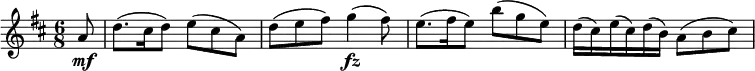 \relative a' {
  \key d \major \time 6/8
  \partial 8 a8 \mf
  d8.( cis16 d8) e( cis a)
  d8( e fis) g4( \fz fis8)
  e8.( fis16 e8) b'( g e)
  d16( cis) e( cis) d( b) a8( b cis)
}