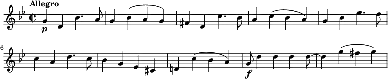 \relative c'' {
     \key bes \major
     \set Score.tempoHideNote = ##t \tempo "Allegro" 4 = 240
     \time 2/2
    g4 \p d bes'4. a8
    g4 bes (a g)
    fis d c'4. bes8
    a4 c (bes a)
    g bes ees4. d8
    c4 a d4. c8
    bes4 g ees cis
    d! c' (bes a)
    g8\f d'4 d d d8~ d4 g (fis g)
  }
