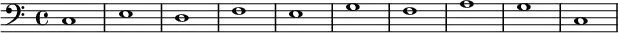 {
        \new Staff <<
            \new Voice \relative c' {
                \stemDown \clef bass \key c \major \time 4/4 \tempo 1 = 60 \set Score.tempoHideNote = ##t
                c,1 e d f e g f a g c,
                }
            >>
     }