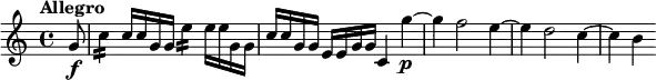 \relative c'' {
  \tempo "Allegro"
  \partial 8 g8\f |
  c4:16 c16 c g g e'4:16 e16 e g, g |
  c16 c g g e e g g c,4 g''~\p |
  g4 f2 e4~ |
  e4 d2 c4~ |
  c4 b
}