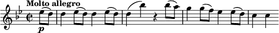 \relative c'' {
 \key g \minor
 \tempo "Molto allegro"
 \time 2/2
 \set Staff.midiInstrument = #"violin"
 \set Score.tempoHideNote = ##t \tempo 2 = 105
 \partial 4 es8(\p d) |
 d4 es8( d) d4 es8( d) |
 d4( bes') r bes8( a) |
 g4 g8( f) es4 es8( d) |
 c4 c
}