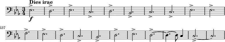 \relative c {
        \set Score.tempoHideNote = ##t \tempo 2 = 86
        \set Staff.midiInstrument = #"trombone"
        \set Score.currentBarNumber = #127
        \key c \minor
        \time 3/4
        \clef bass
      
        es2.->\f^\markup { \large \bold "Dies irae" }
        d->
        es->
        c->
        d->
        bes->
        c->
        c->
        es->
        es-> \break
        f->
        es->
        d->
        c->
        bes->
        d->
        es->
        d~->
        d4.~ d8 c4
        c2.~->
        c2.
    }