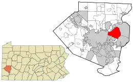 Location of Allegheny County in Pennsylvania (left) and of Penn Hills in Allegheny County (right)