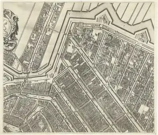 Map of Amsterdam by Balthasar Florisz. van Berckenrode (1625). Detail of the larger map with the still short Prinsengracht ending at the Leidsegracht (top center).