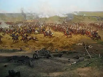 Saxon heavy cavalry (wearing rolled greatcoats instead of breastplates) and Polish lancers clashing with Russian cuirassiers, during the Battle of Borodino.