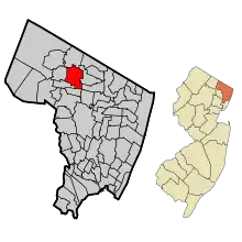 Location of Saddle River in Bergen County highlighted in red (left). Inset map: Location of Bergen County in New Jersey highlighted in orange (right).