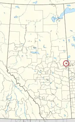 A map of the province of Alberta showing 80 counties and 145 small Indian reserves. One is highlighted with a red circle.