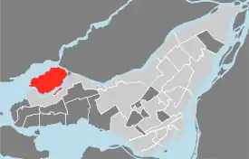 Location of L'Île-Bizard–Sainte-Geneviève on Island of Montreal. (Gray areas indicate demerged municipalities).
