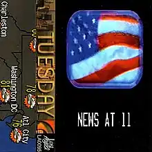 The US flag seen through a plane window with text below it reading "NEWS AT 11" to the right, a TV broadcast reading "TUESDAY" on the centre, and a Weather Channel transmission to the left