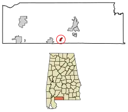 Location of Pollard in Escambia County, Alabama.